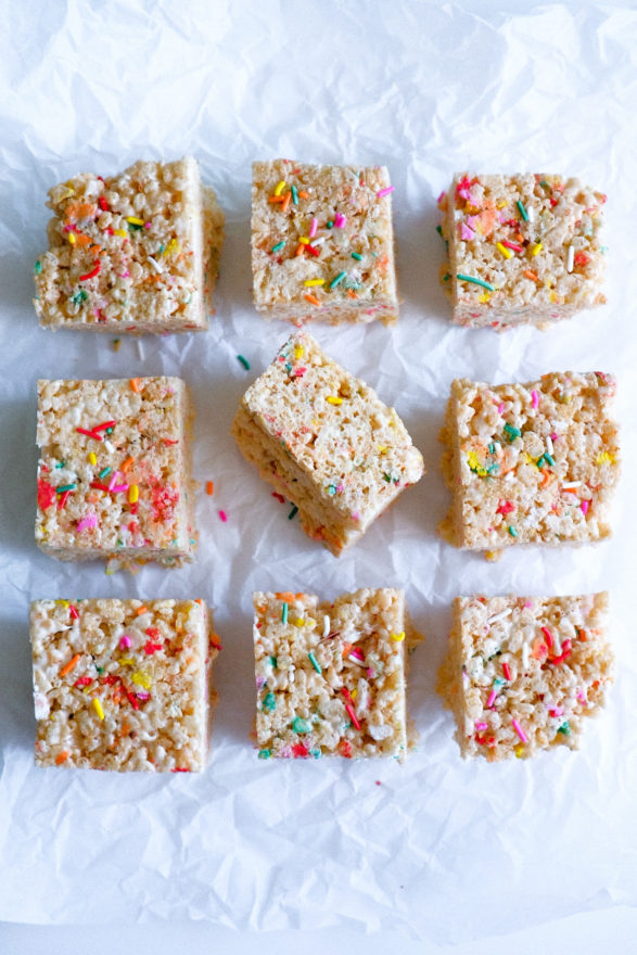 Birthday Cake Funfetti Rice Krispie Treats - One Happy Bite