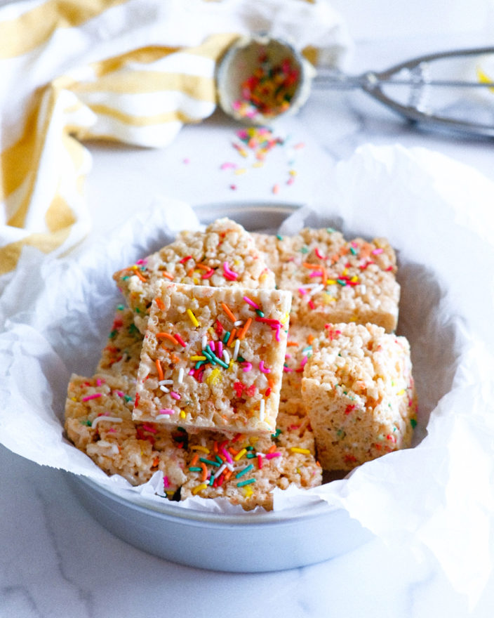 Birthday Cake Funfetti Rice Krispie Treats - One Happy Bite