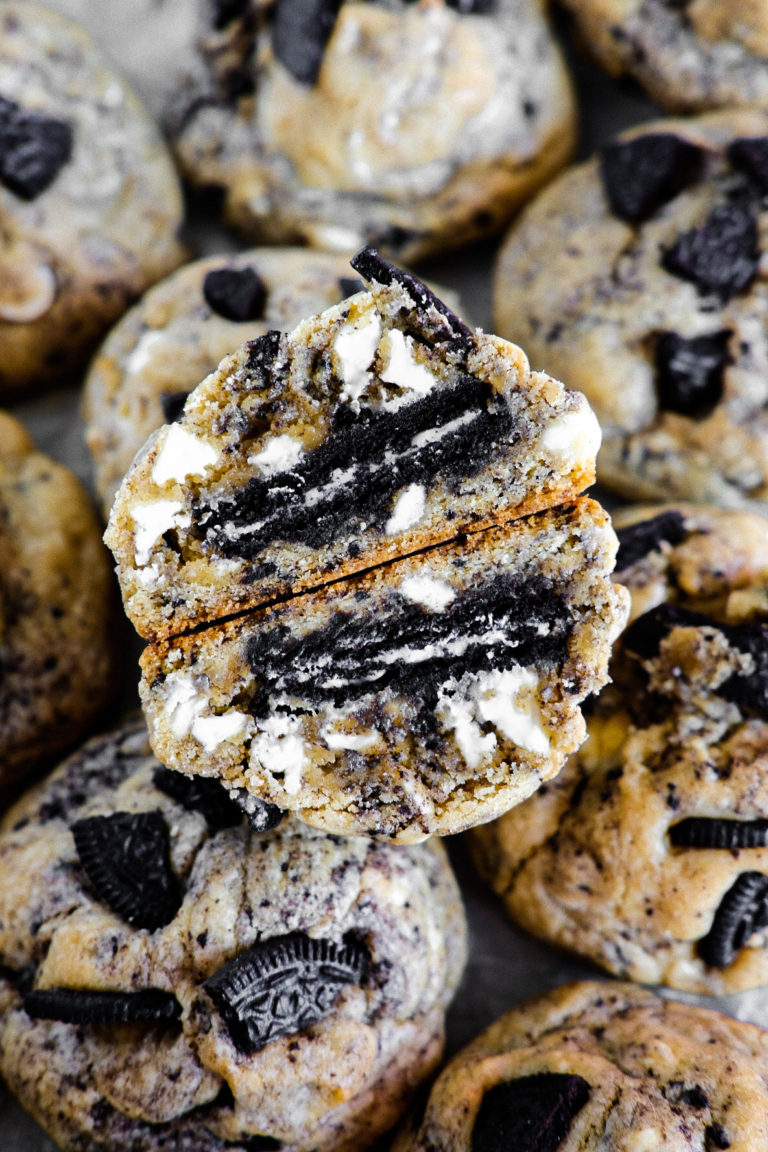 Thick Oreo Stuffed White Chocolate Chip Cookies - One Happy Bite