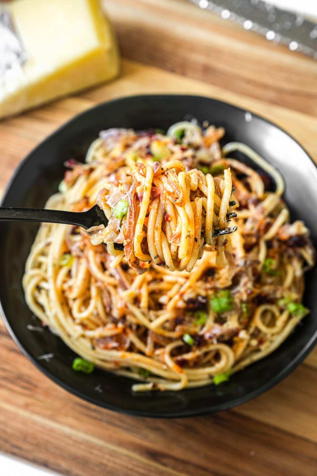 Caramelized Onion and Garlic Spaghetti - One Happy Bite