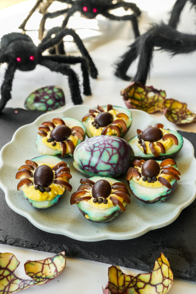 Halloween spooky spider deviled tea eggs