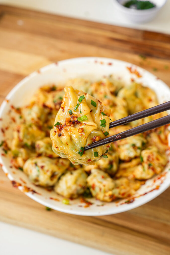 shrimp and chive wontons with chili oil