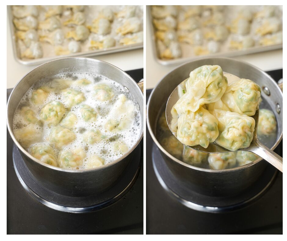 Boiling and cooking shrimp and chive wontons