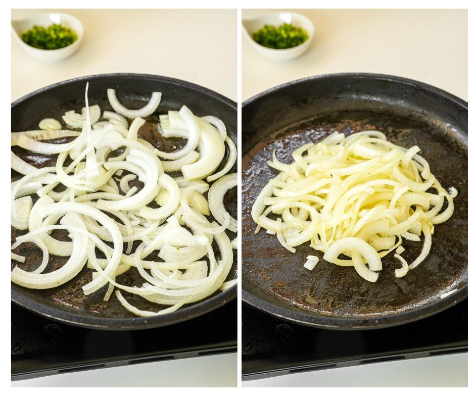 saute sliced onion for beef pepper rice