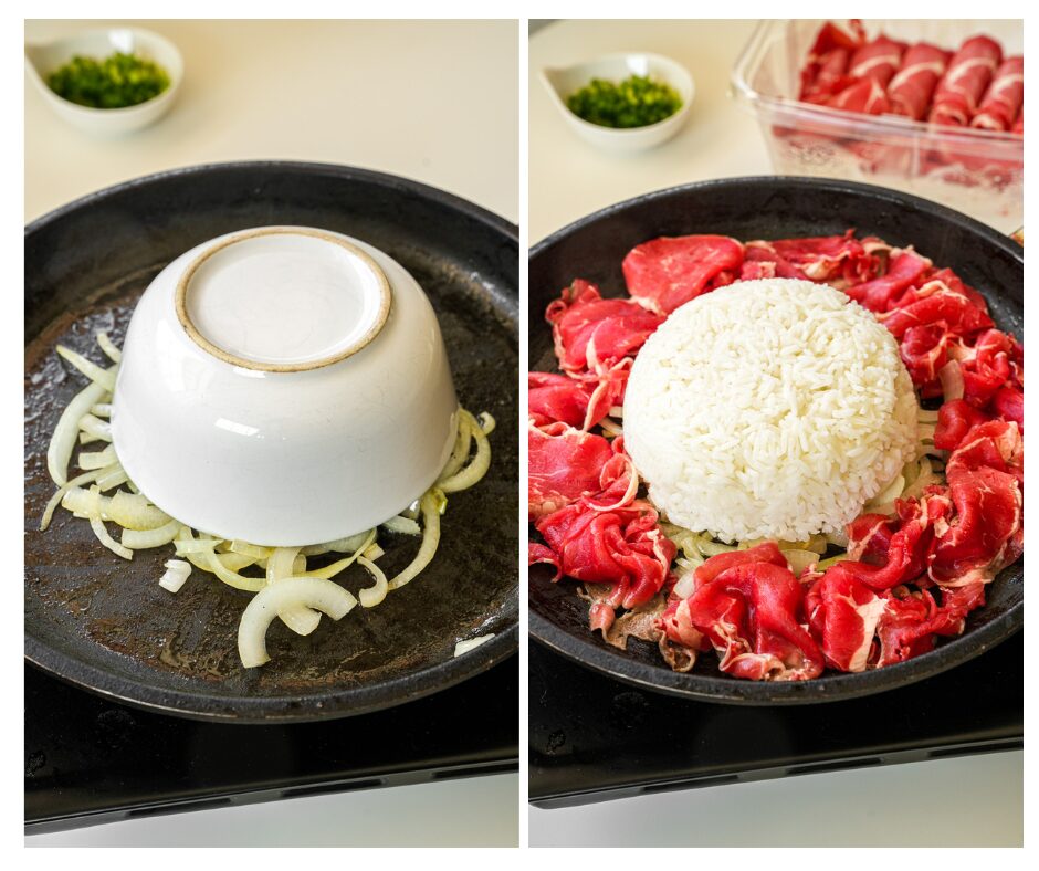 Add steamed rice and beef slices to the hot sizzling plate