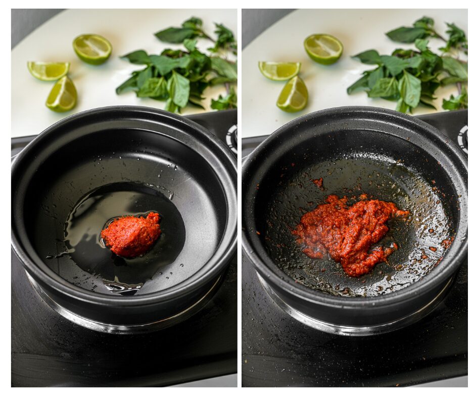 sautéing thai red curry paste for thai curry sauce