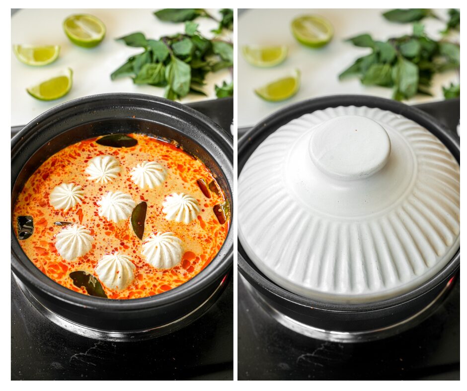 making soup dumplings in thai red curry sauce