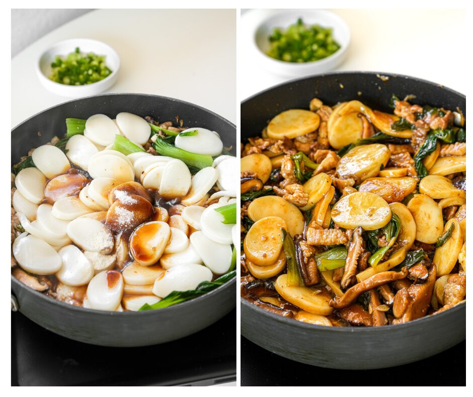 add savory sauce to shanghai stir-fried rice cakes