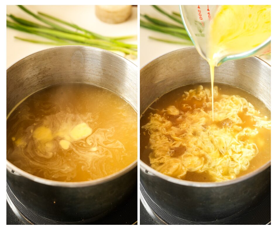 stir in the eggs into broth to make egg ribbon for egg drop soup