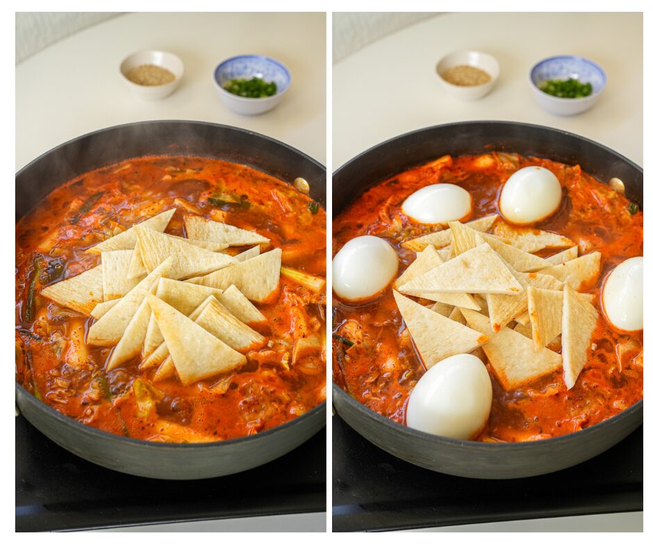 add fish cakes and hard boiled eggs for rabokki