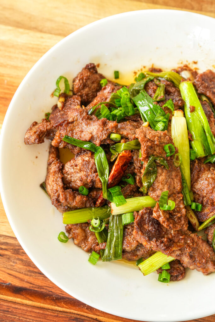 shacha beef stir fry with scallions