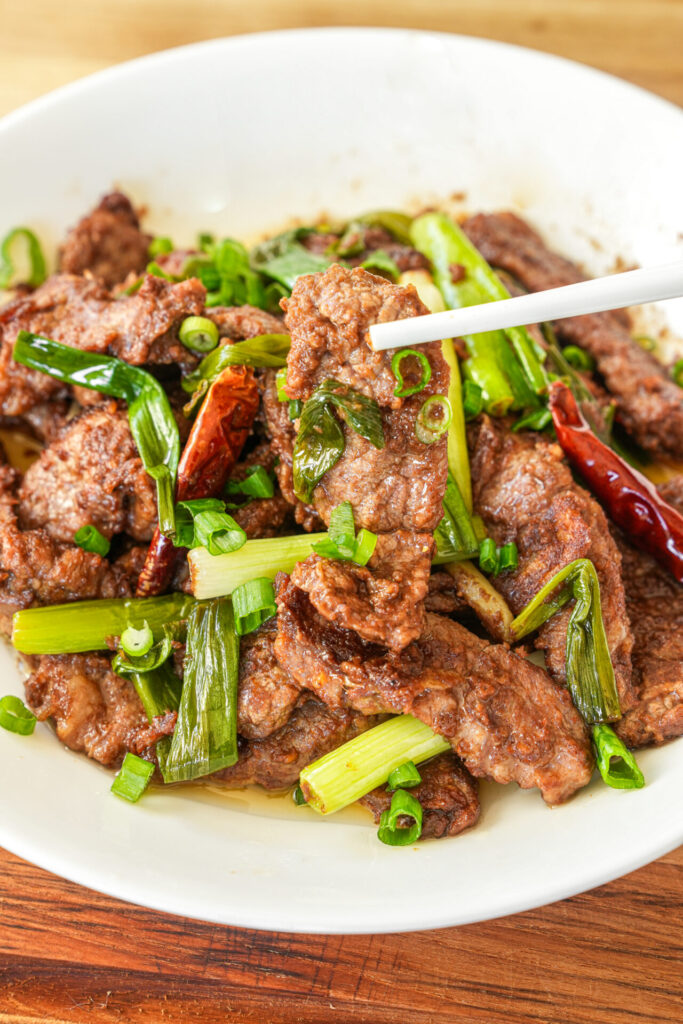 shacha beef stir fry with scallions