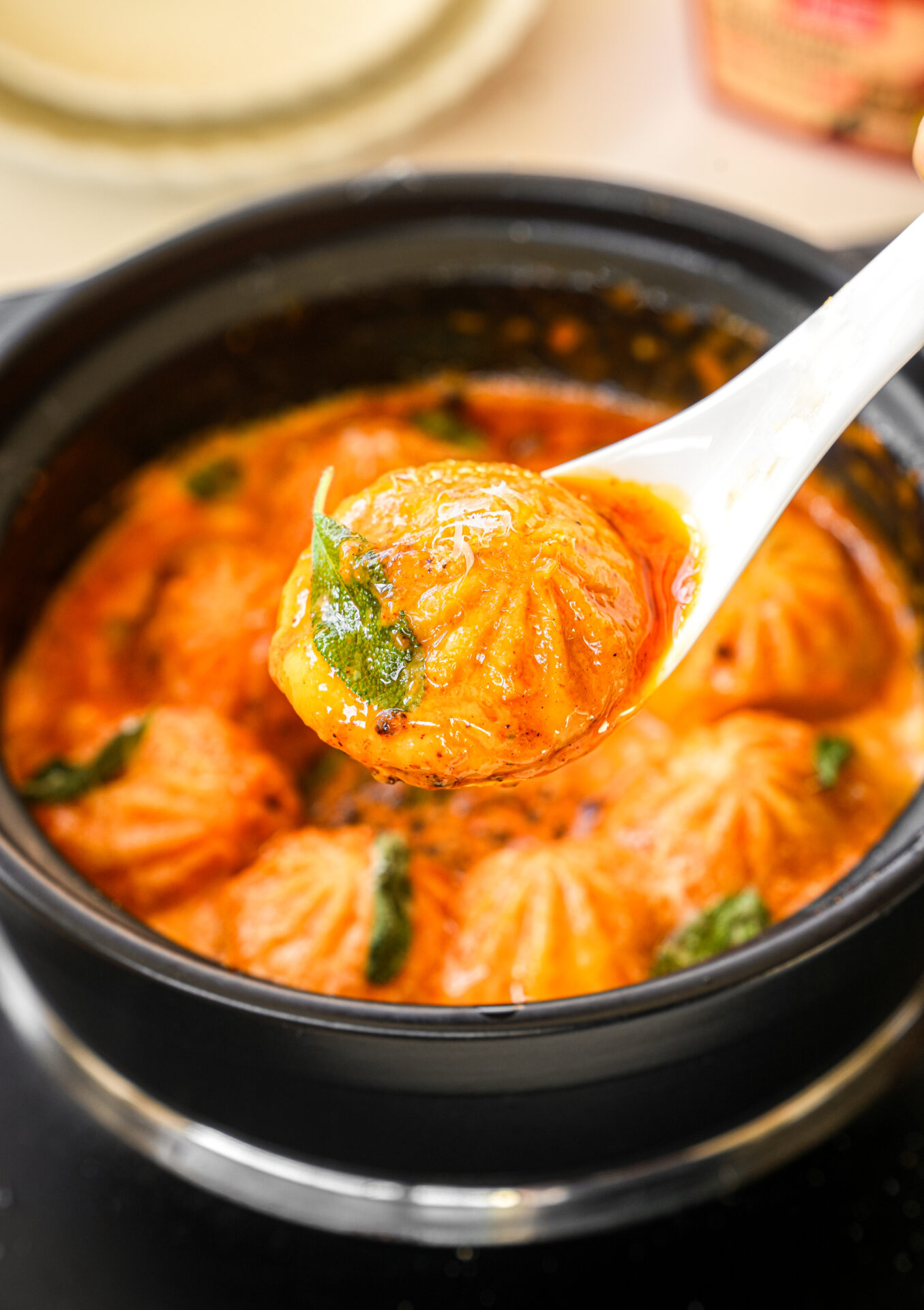 Soup dumplings in creamy gochujang sauce