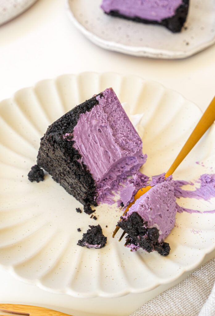 serving ube cheesecake