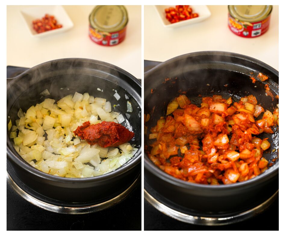 saute garlic and onion for thai red curry ramen