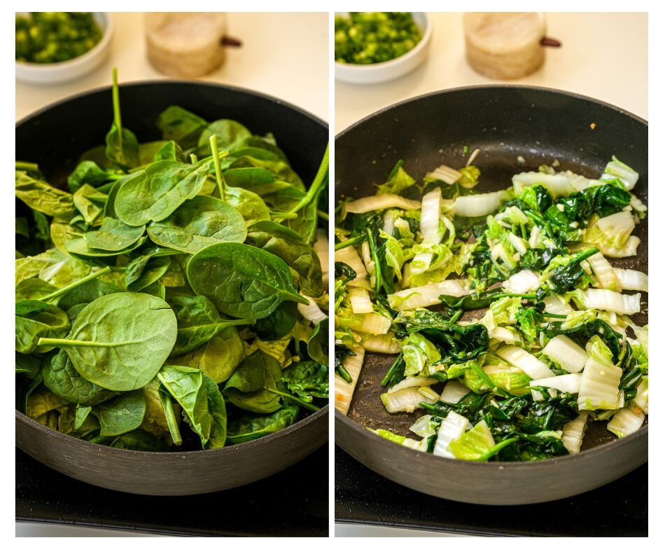 sauté garlic, cabbage, and spinach for shanghai style stir-fried rice cakes 