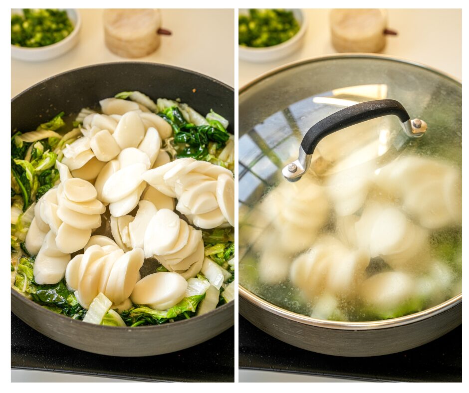 cook rice cakes and simmer for shanghai style stir-fried rice cakes 