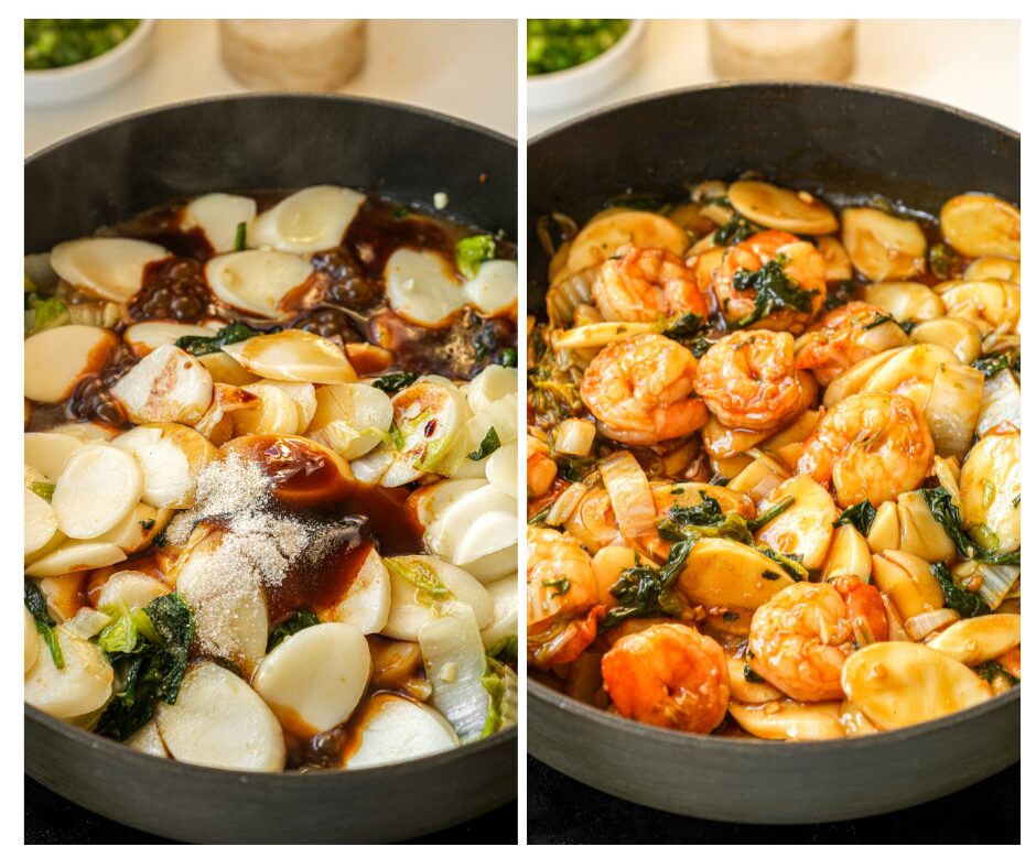 add soy sauce and seasonings to shanghai style stir-fried rice cakes with shrimp