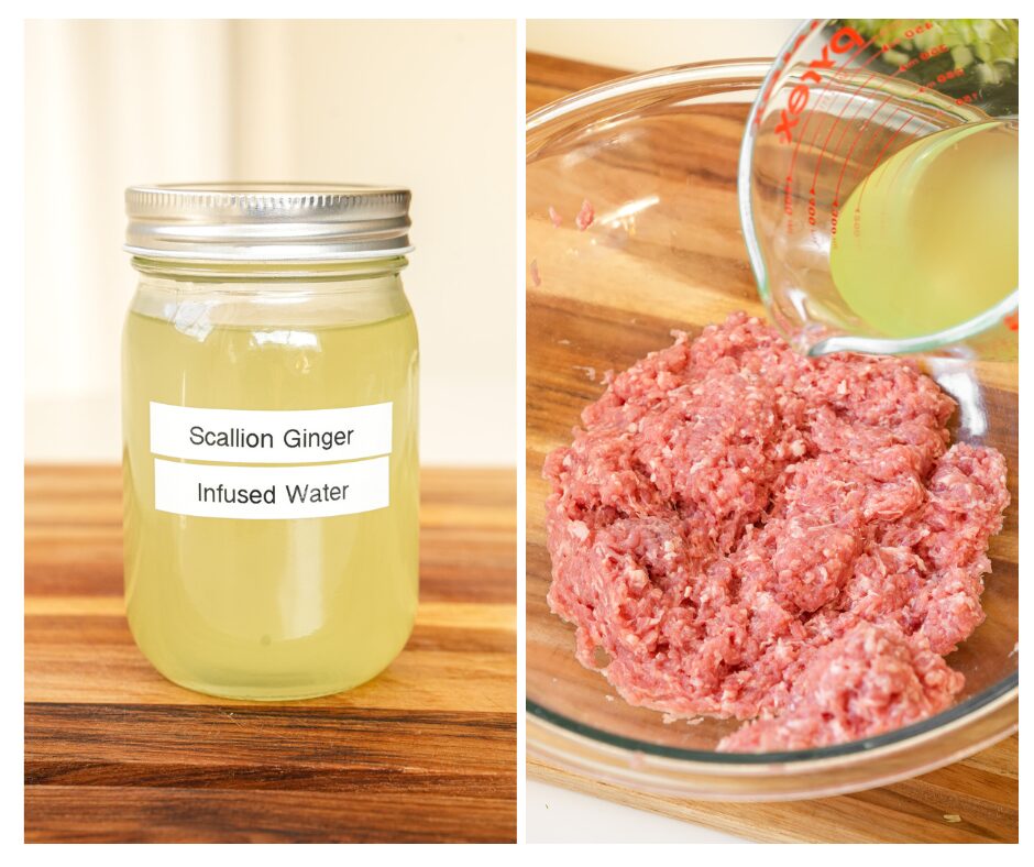 add scallion ginger infused water to ground pork