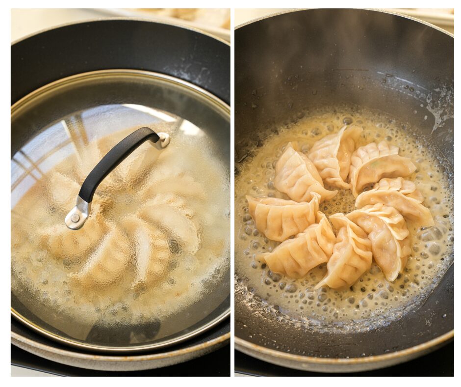 steam dumplings and cook until water has evaporated for crispy dumpling skirt