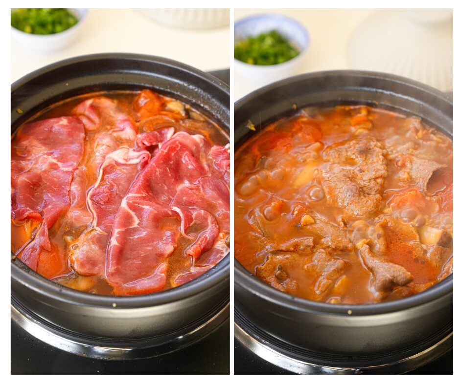 Add beef slice to one pot tomato beef noodle soup