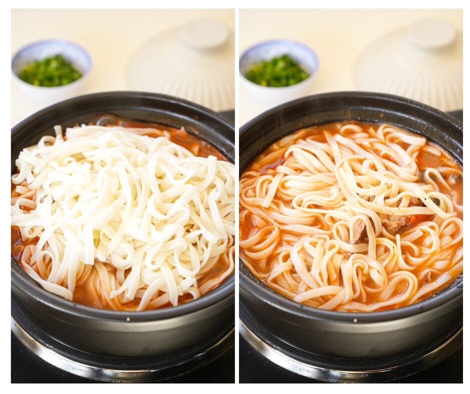 Add cooked noodles to one pot tomato beef noodle soup