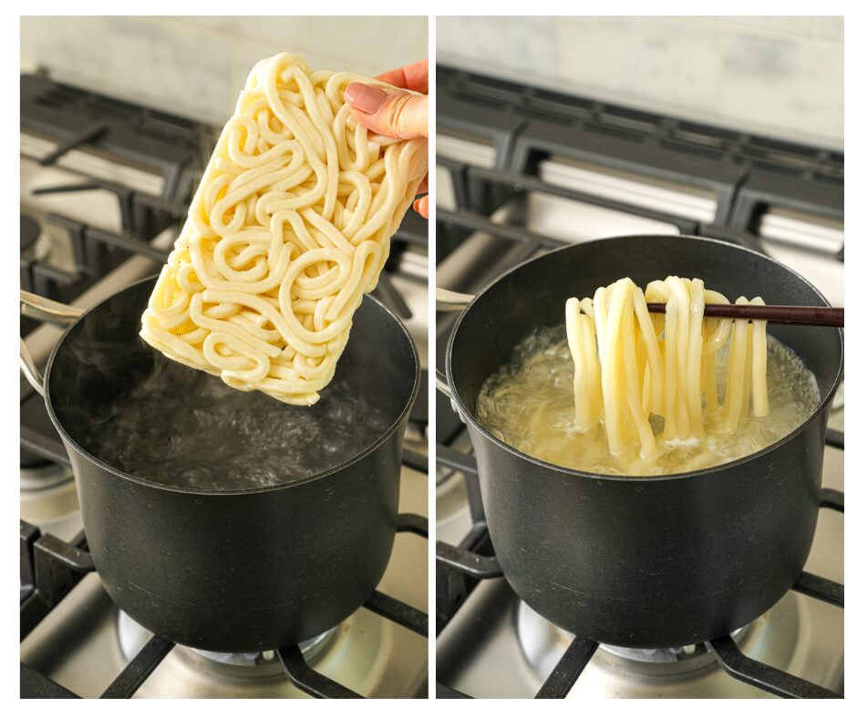 cooked udon noodles in a pot of boiling water