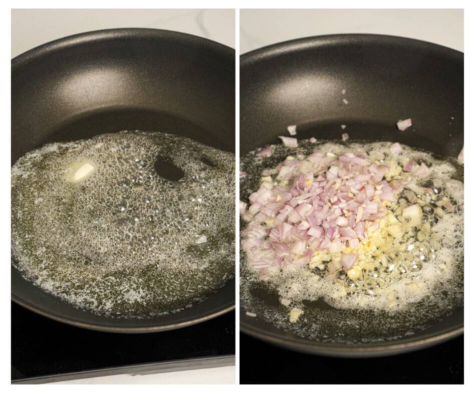 melt butter and saute garlic and shallots for creamy gochujang udon noodles