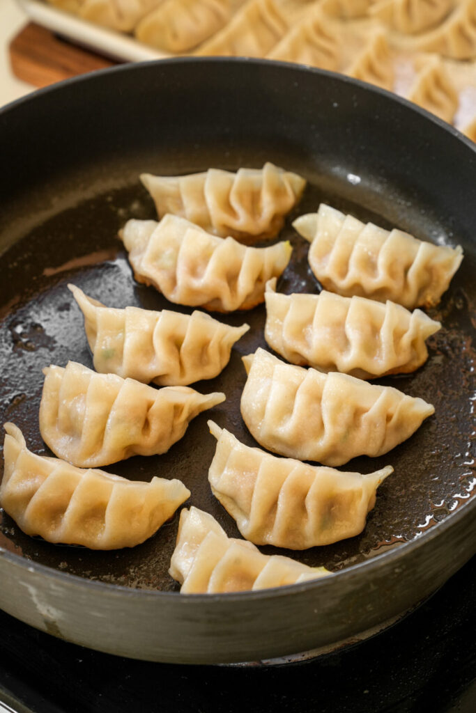 fry dumplings until the water has evaporated and bottom of dumpling is golden brown and crispy