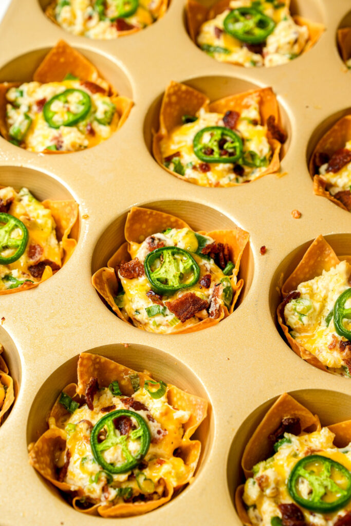 bake jalapeno popper wonton cups for 10 minutes for 350F until golden brown