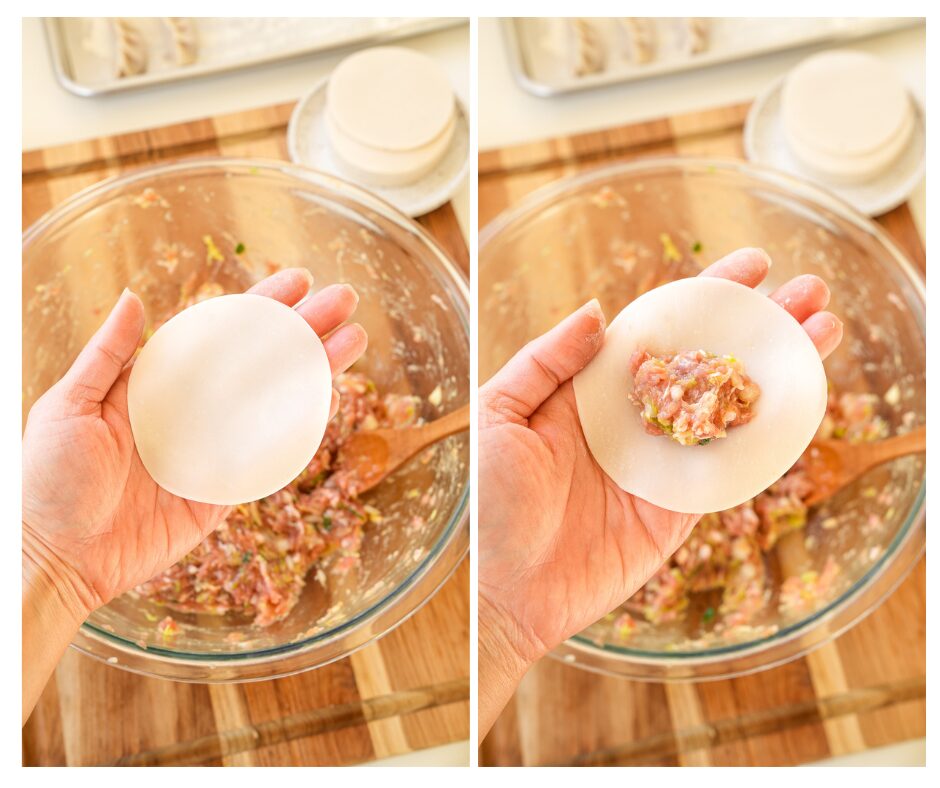 how to fold dumplings: Place 1 tablespoon of filling in the center of the wrapper. Wet the edges with water.