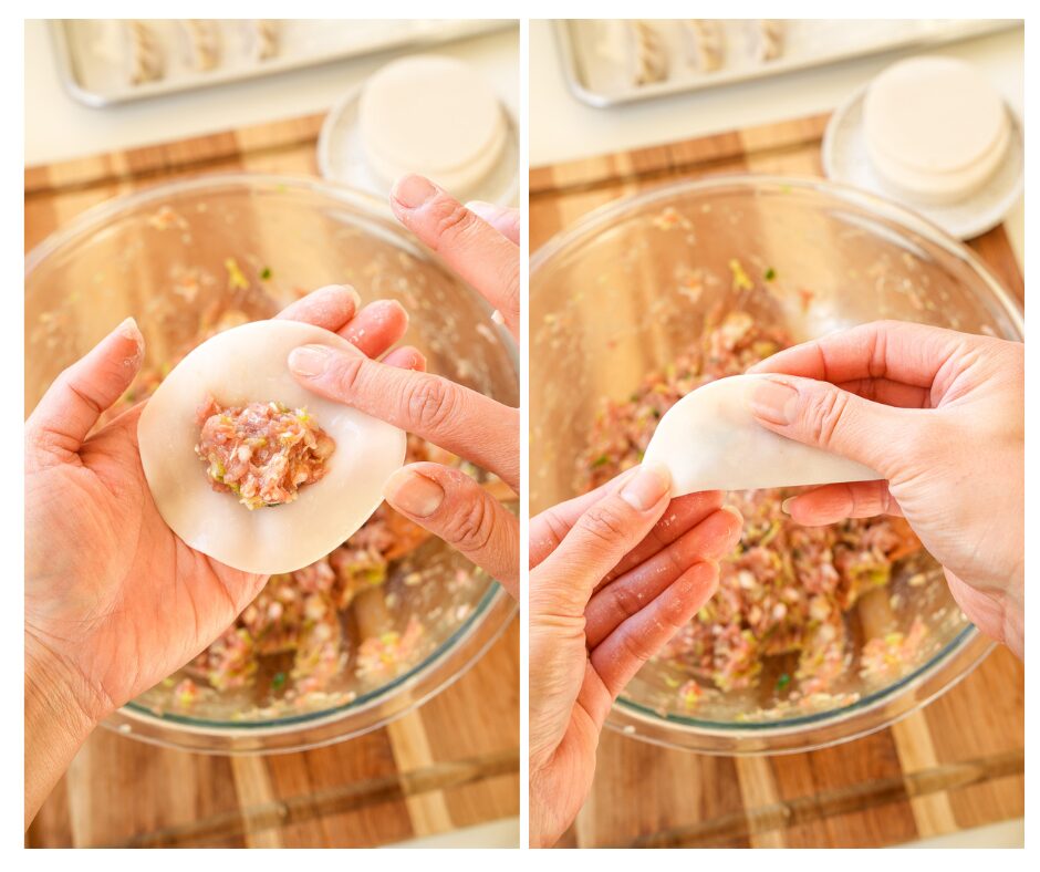 how to fold dumplings: Fold the wrapper in half and use your thumb and index fingers to pleat the wrapper. Pinch the edges tightly to seal. 