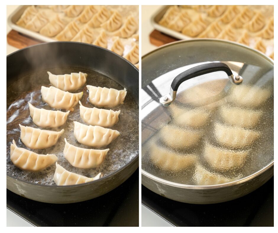 Add ½ cup of water, cover with a lid, and let it steam for about 5 minutes, or until the dumplings are cooked through.