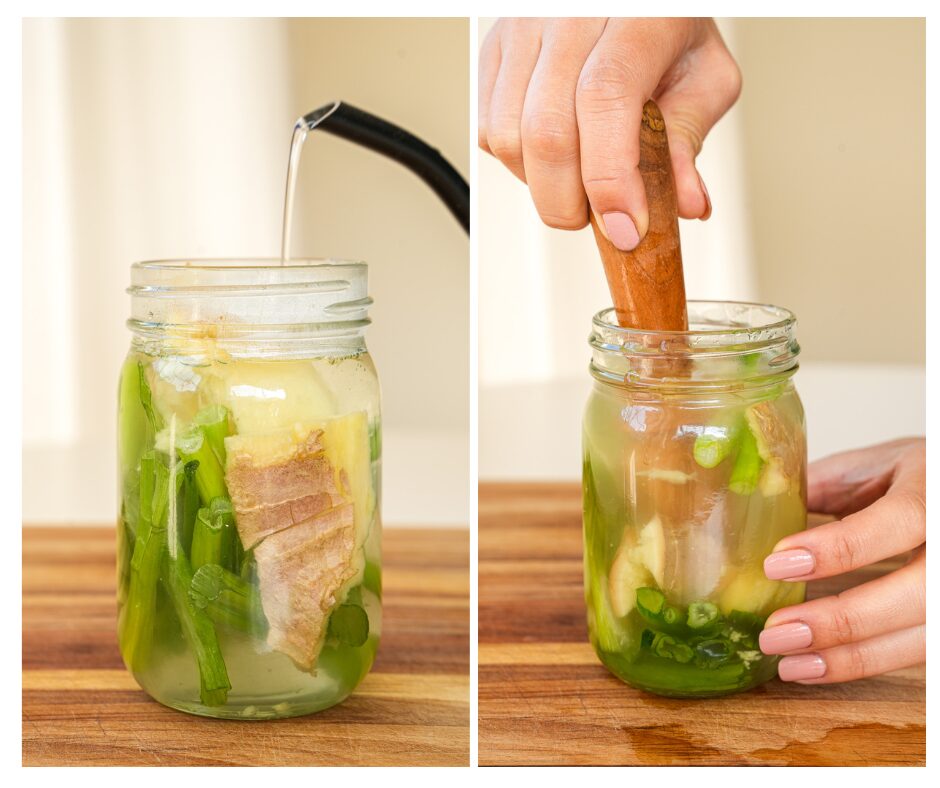 add scallion, ginger, and hot water in a mason jar.