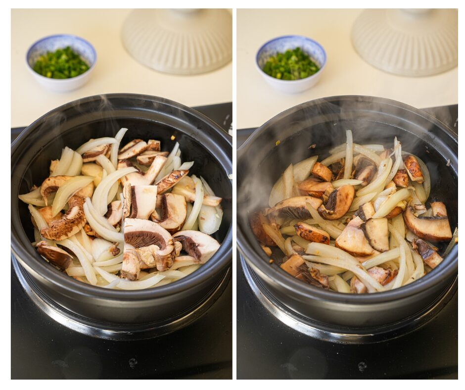 saute garlic, onion and mushroom to make easy tomato beef noodle soup