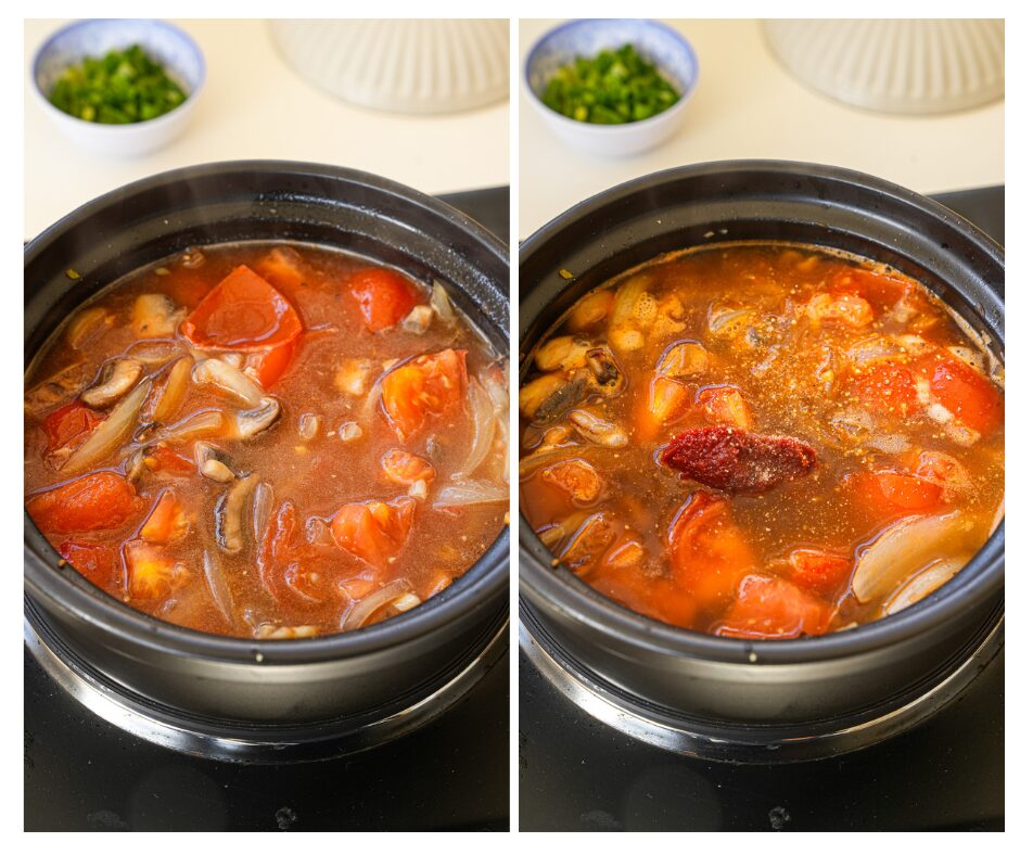 Pour in the beef broth, soy sauce, tomato paste, sugar, salt, and white pepper for easy tomoato beef noodle soup