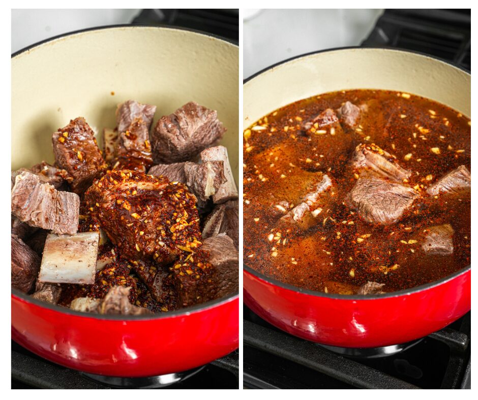 Add the sauce and chicken stock to Korean braised short ribs