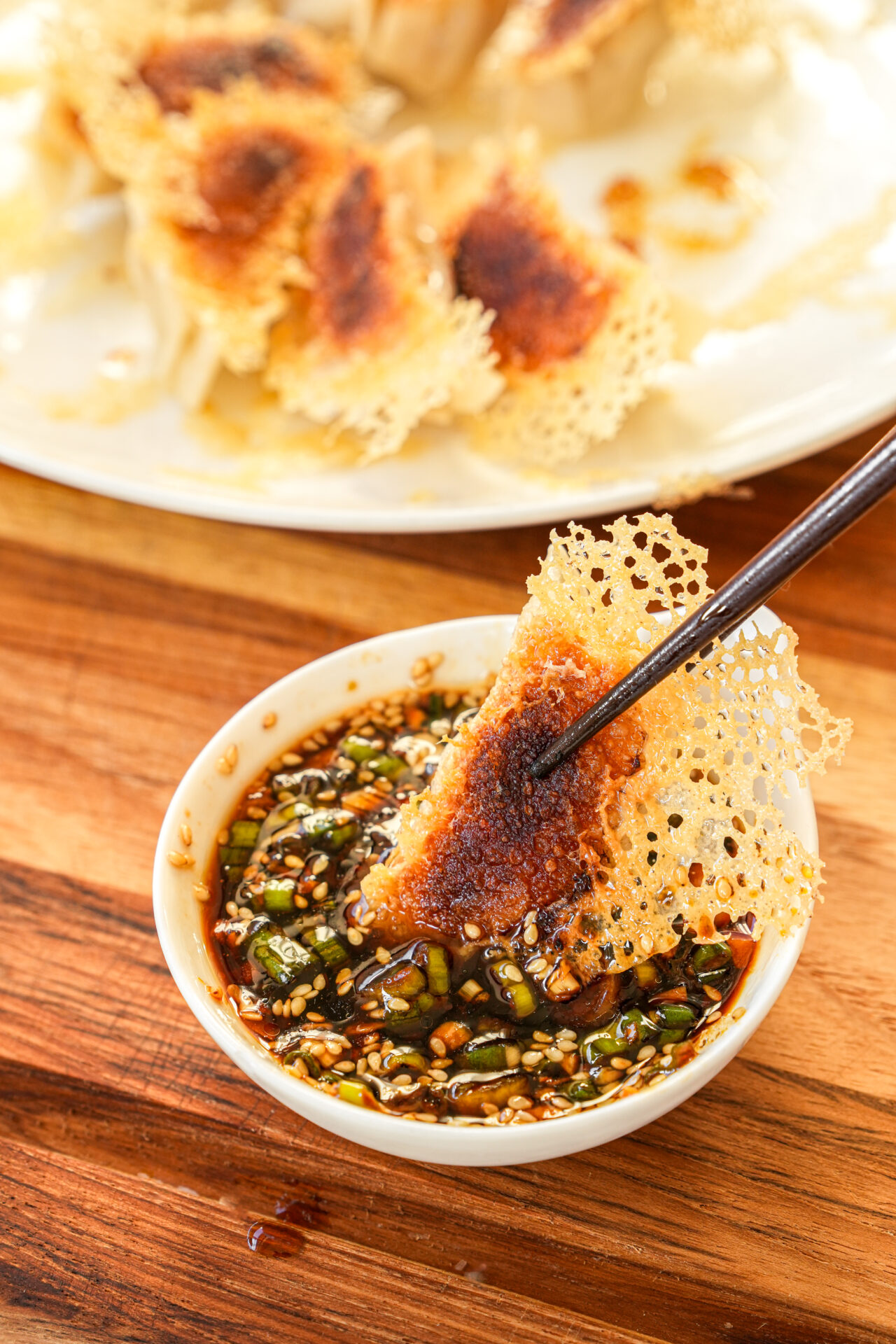 crispy dumpling skirt with dumpling dipping sauce