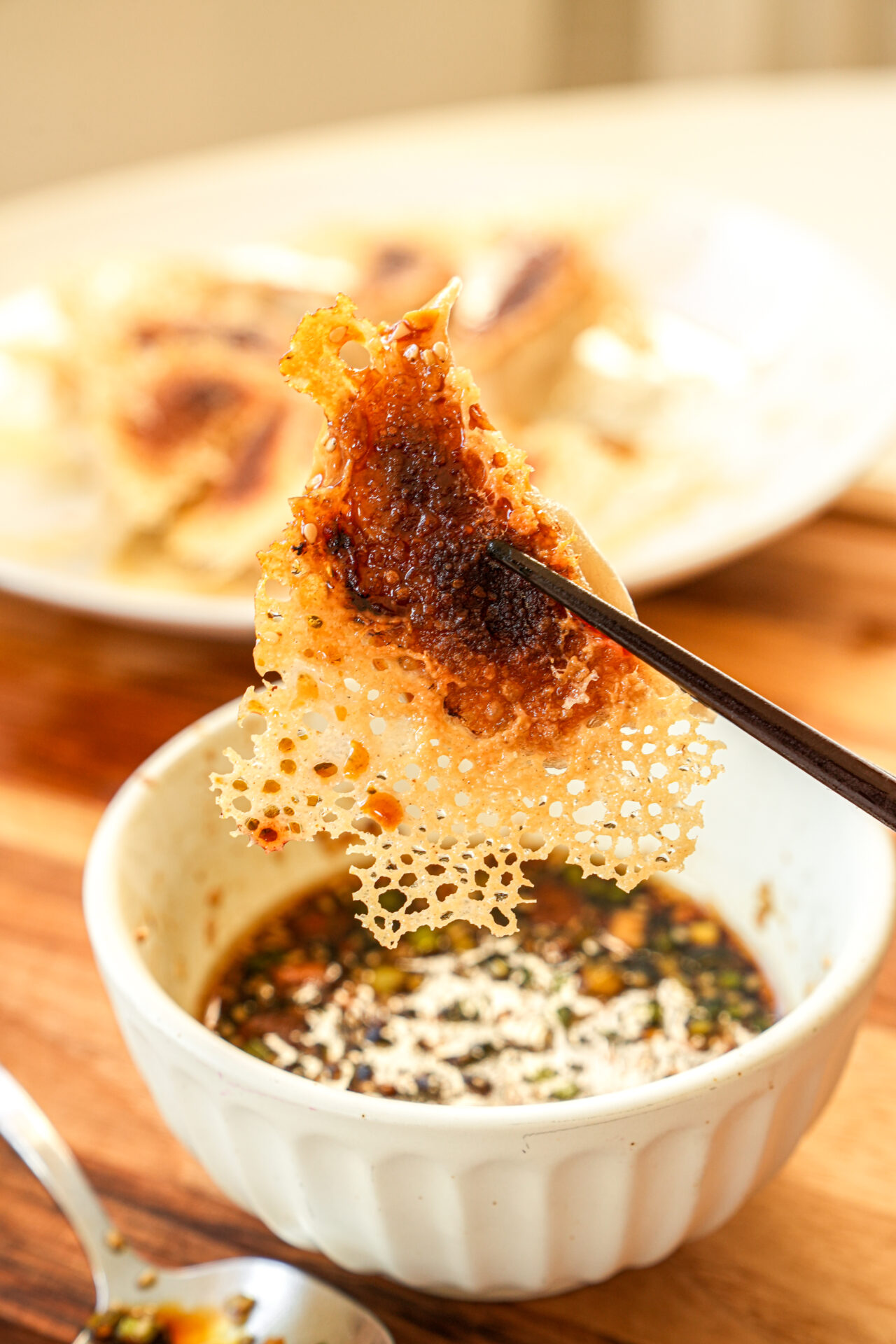 crispy dumpling skirt with dumpling dipping sauce