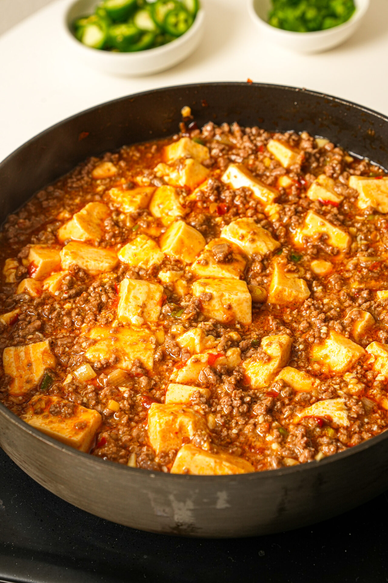 add cornstarch slurry and cook until thickened for mapo tofu