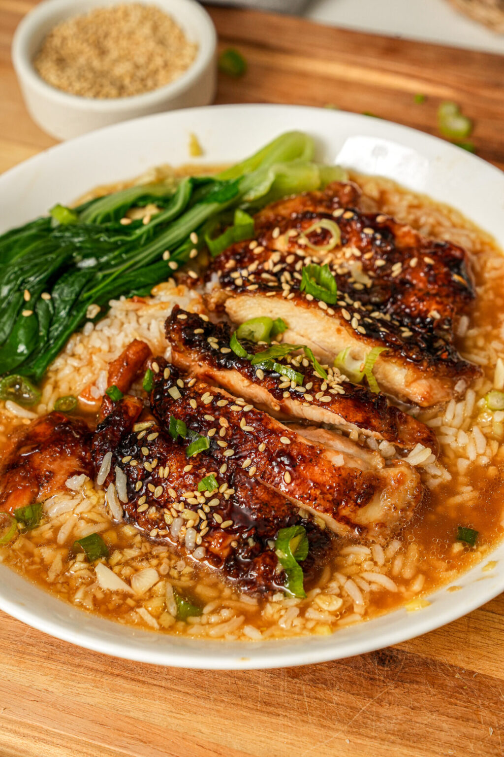 Honey Soy Glazed Chicken with Garlic Ginger Brothy Rice - One Happy Bite