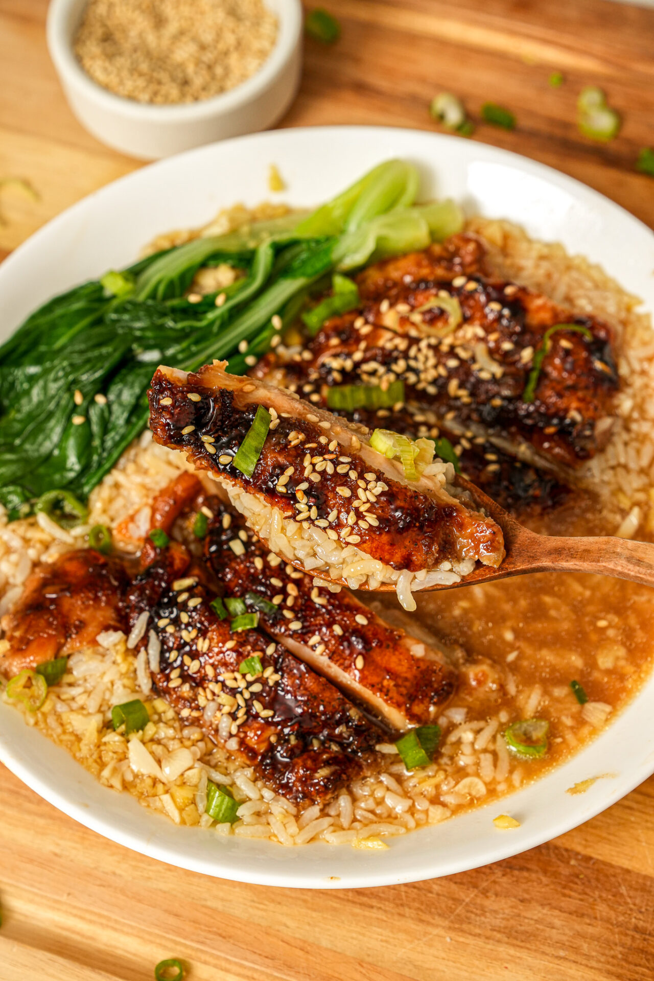 Honey Soy Glazed Chicken with Garlic Ginger Brothy Rice