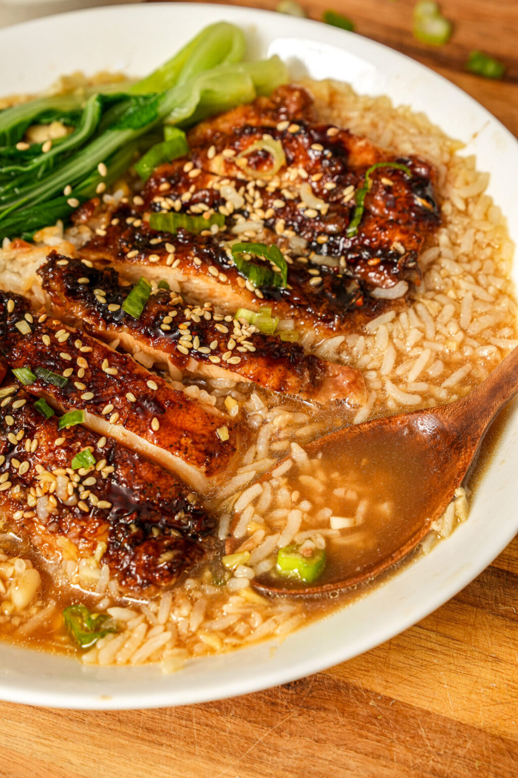 Veggie Brothy Rice Honey Soy Glazed Chicken with Garlic Ginger Brothy Rice - One Happy Bite